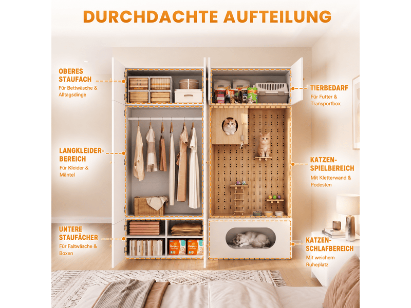  Armoire penderie avec espace chat 2 en 1 180x50x200 cm - blanc et bois  - Conforama D