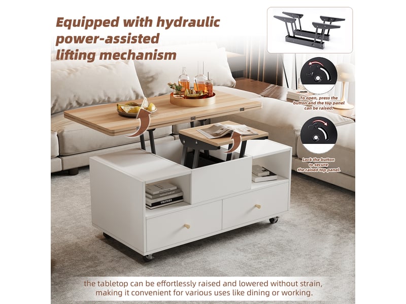  Table basse relevable et extensible 100x50 cm avec 4 tiroirs et roulettes bois et blanc  - Conforama R
