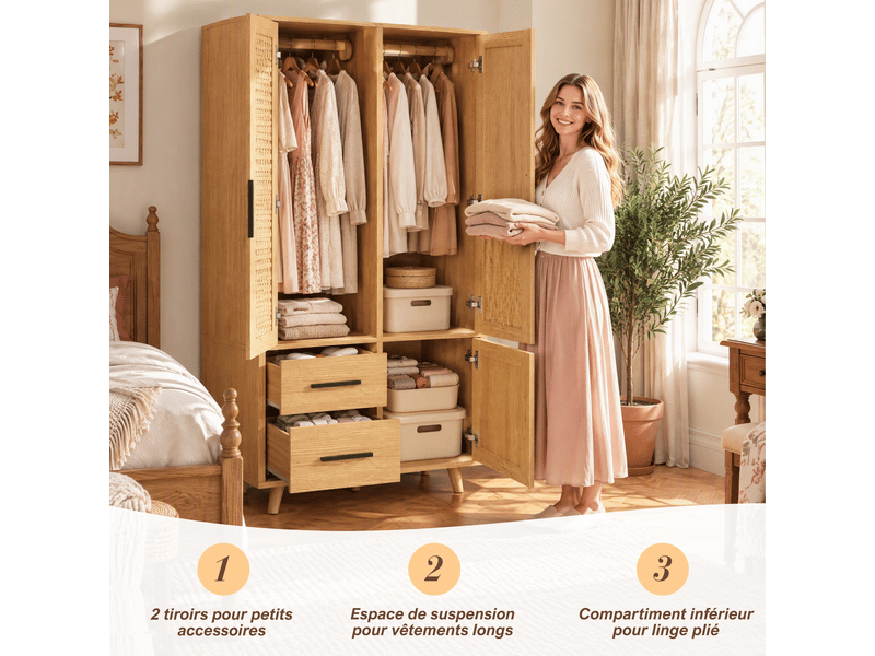  Armoire penderie chambre adulte 3 portes et 2 tiroirs - 80x52x166 cm - charnières amorties - style scandinave - double tringle à vêtements pour petit appartement, bois clair  - Conforama E