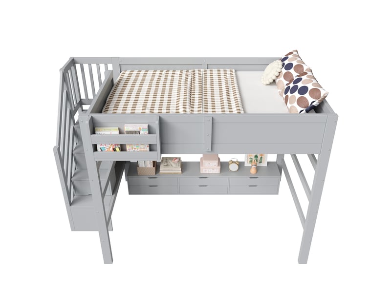  Lit mezzanine 140x200 cm - grand rangement - 6 tiroirs - barrière de sécurité - bois - structure multifonction - pour chambre enfant - bois naturel CozyNest - Conforama A