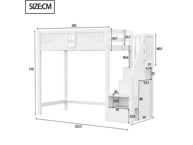  Lit mezzanine enfant 90x200 cm – blanc – échelle sécurisée réversible avec rangement - sans matelas  - Conforama C
