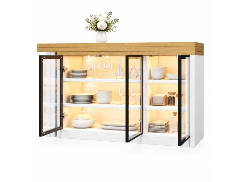  Îlot de cuisine avec table extensible pivotante à 360° et buffet, mdf et verre blanc  - Conforama A