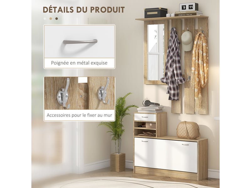  Meuble d'entrée vestiaire avec panneau porte-manteau, miroir et banc à chaussures - 6 crochets et réglable étagère  - Conforama E