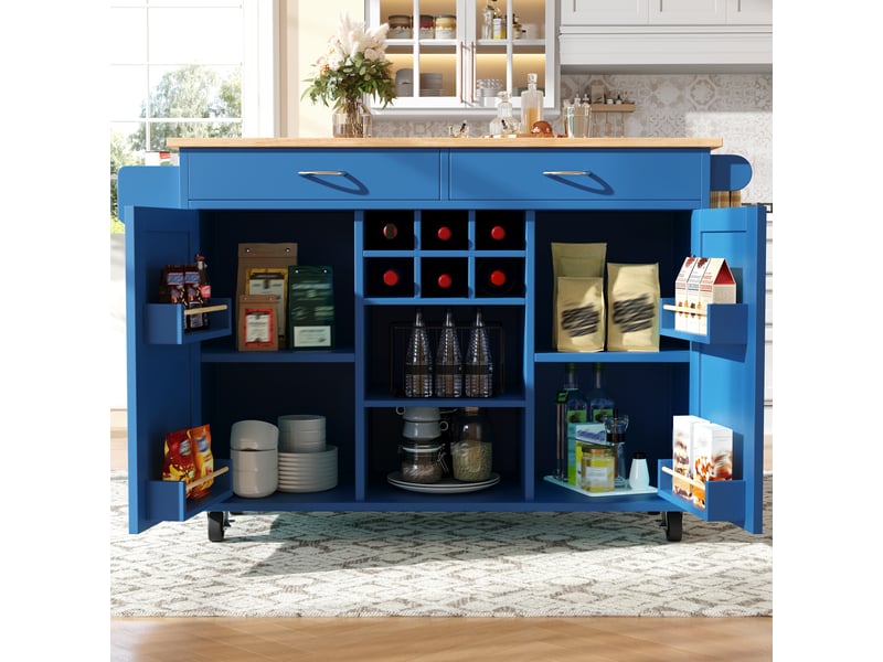  Îlot de cuisine bleu moderne avec rangement, desserte à roulettes en mdf et métal, 102x45x92 cm  - Conforama E