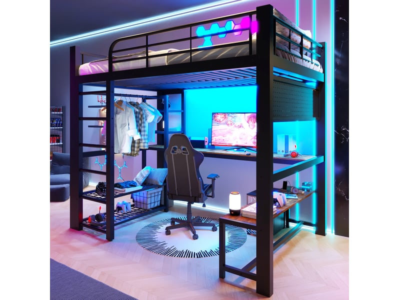 Lit mezzanine 140x200 cm en métal noir avec bureau, led et rangements - Conforama E