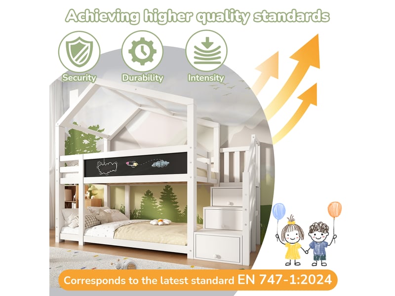  Lit superposé enfant 90x200 - lit cabane - tableau noir 154x20 cm - escalier rangement - 3 coffres - cheminée - 2 sommiers - blanc  - Conforama C