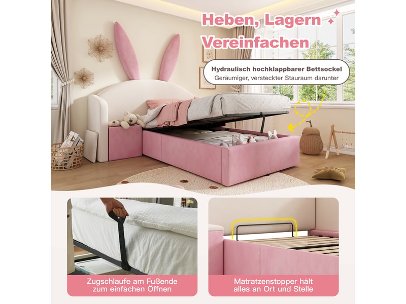 Lit simple 90x190 cm, lit enfant, rangement, table de chevet, motif lapin, velours beige, rose - Conforama R
