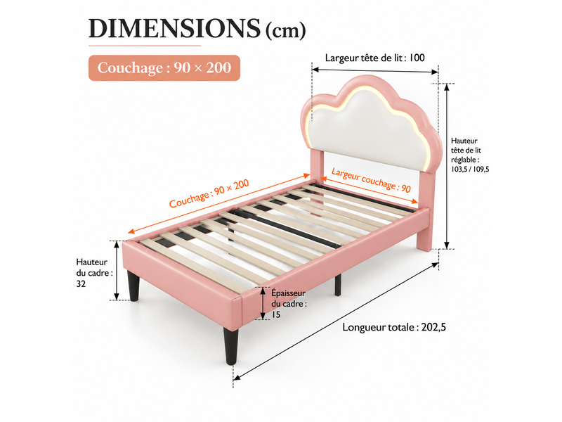 Lit enfant fille 90x200 avec led, lit princesse avec tête de lit en nuage, lits 1 personne pour fille adolescent, , pu, sans matelas, rose - Conforama C