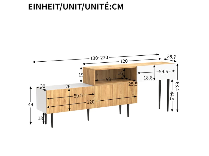  Meuble tv modenvie modulable à longueur réglable avec rangement blanc mat et décor bois  - Conforama C