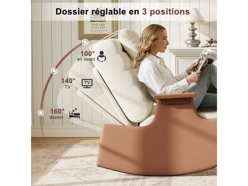  Fauteuil à bascule en velours côtelé avec repose-pieds - 81.5 x 51.5 x 81 cm-beige - chaise berçante ergonomique avec dossier réglable  - Conforama E