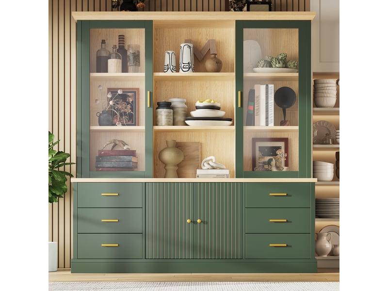 Buffet haut de cuisine 140 x 40 x 185 cm vert, 6 tiroirs, vitrines, niches ouvertes, façade rainurée 3d et poignées dorées, rangement cuisine - Conforama B