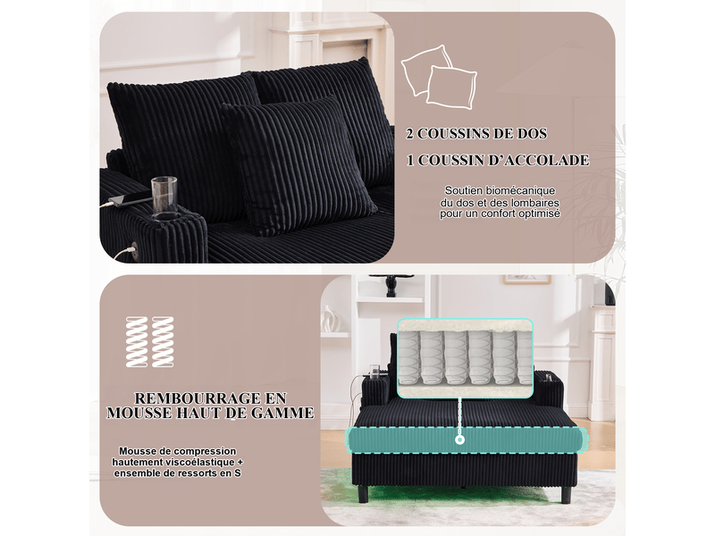  Fauteuil relax fixe noir en velours côtelé 142 x 128 x 85 cm, usb, led multicolore et porte-gobelets, salon chambre 142x128x85cm - Conforama W