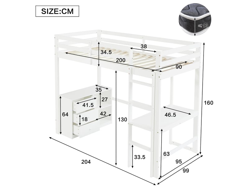  Lit mezzanine enfant avec bureau et rangements 90x200 evryae  - Conforama E