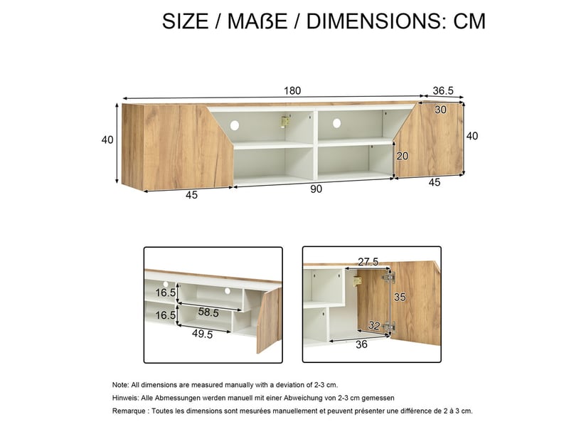  Meuble tv mural, 180 x 36,5 x 40 cm, blanc et finition bois, avec éclairage led, 2 portes au design géométrique et espaces de rangement  - Conforama C
