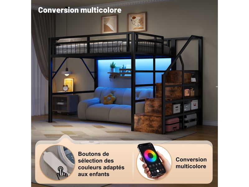  Lit mezzanine avec escalier de rangement et éclairage led, métal et mdf, couchage 140 x 200 cm, noir  - Conforama B