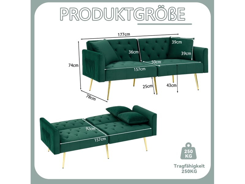 Canapé convertible 2 places 177 x 78 x 74 cm vert en velours, dossier réglable 3 positions, salon - Conforama C