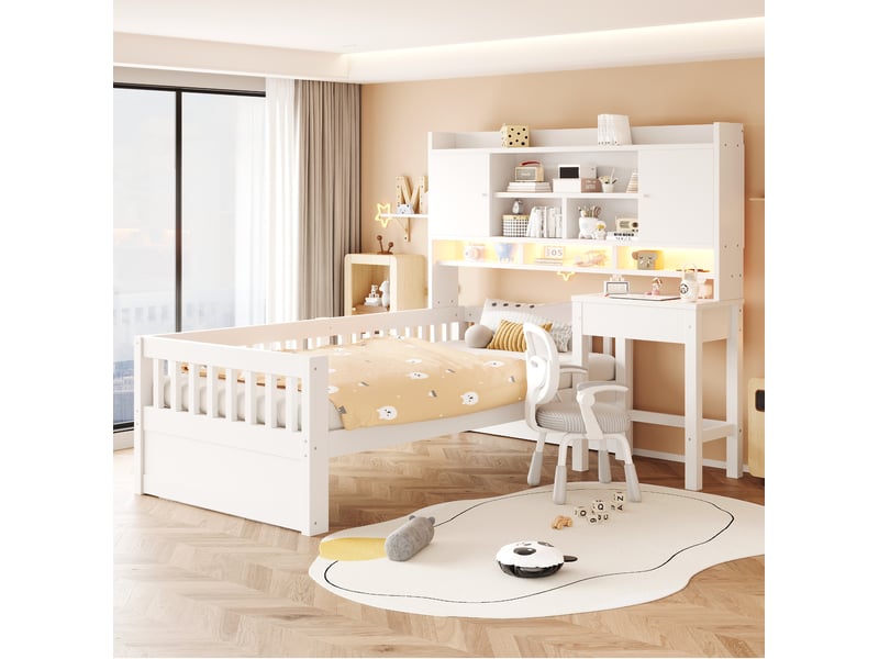 Lit combiné enfant 90x200 cm avec bureau, rangements et led blanc - Conforama D