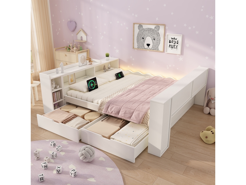  Lit avec rangement 140x190 cm, 2 tiroirs, plateau coulissant, tête de lit réversible, éclairage led, ports usb et usb-c, en bois - blanc  - Conforama B