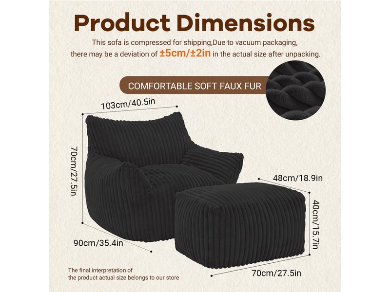 Fauteuil lounge avec pouf repose-pieds assorti 103 x 90 x 70 cm, tissu côtelé effet flanelle, mousse haute résilience - gris anthracite - Conforama E