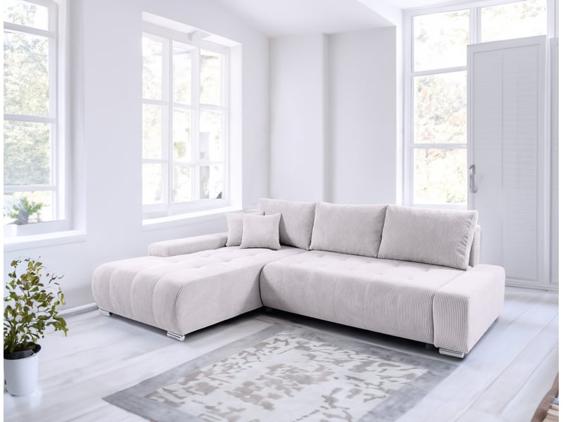 Canapé d'angle convertible velutti l velours côtelé poso gris clair, méridienne gauche avec coffre - Conforama B