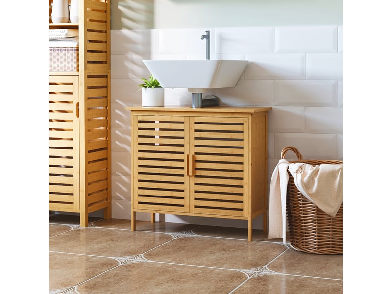  Meuble sous lavabo en bambou, 2 portes à lattes, 66 x 29 x 61,5 cm  - Conforama C