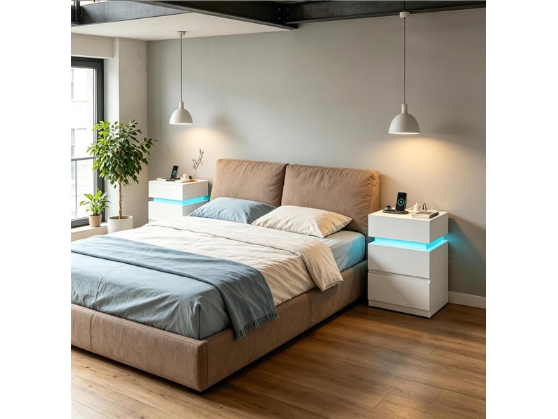  Lot de 2 tables de chevet blanches avec led réglable et station de charge – 40 x 35 x 55 cm  - Conforama C