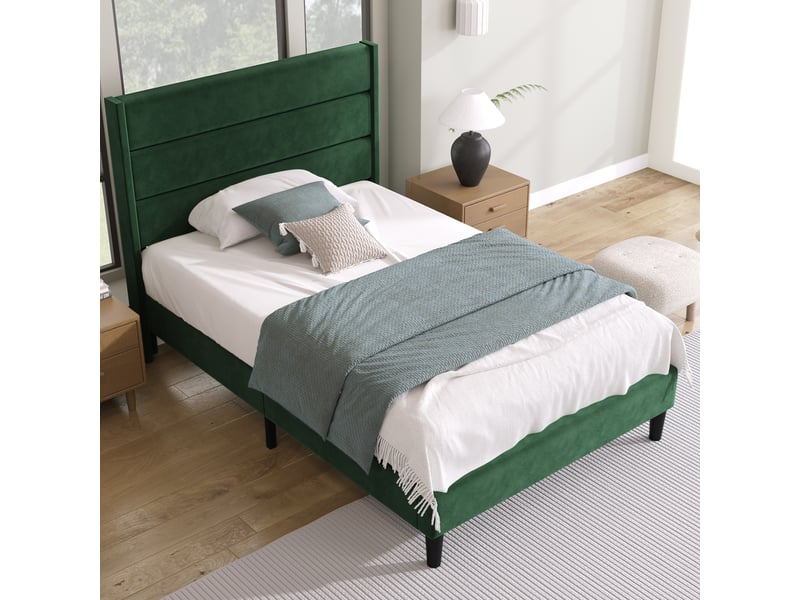  Lit enfant 90x200 cm, tête de lit, sommier, design minimaliste, velours vert, sans matelas  - Conforama W