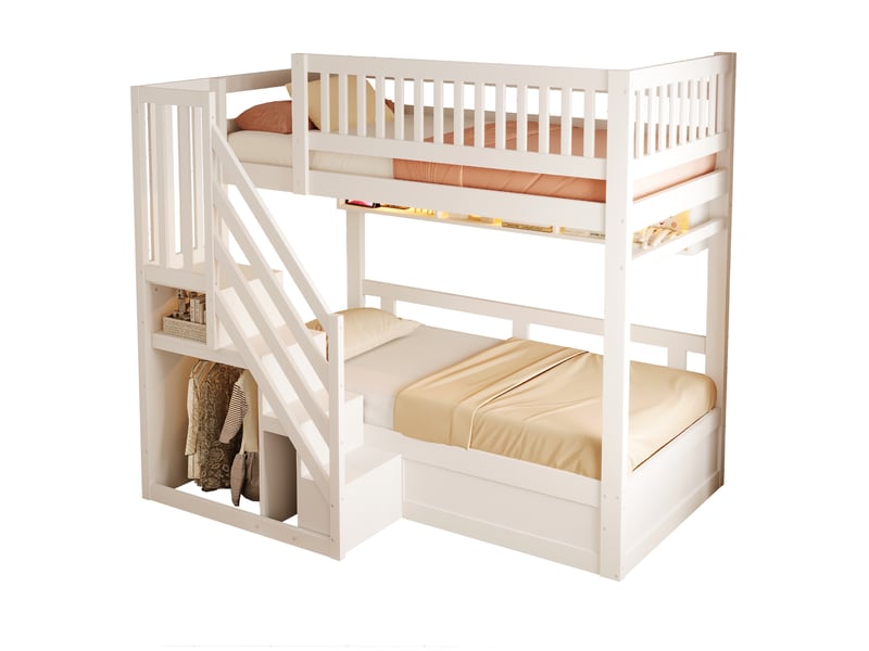 Lit superposé 90 x 200 cm avec escalier à rangements, coffre hydraulique, étagère led, prises européennes et garde-corps hauts, bois, blanc OMNIGLINT TRADING LTD - Conforama A