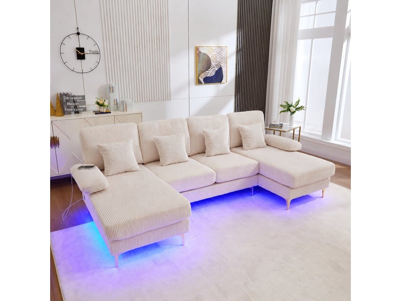  Canapé en u beige avec méridiennes, velours côtelé, éclairage led intégré et port usb-c, 4 places  - Conforama E