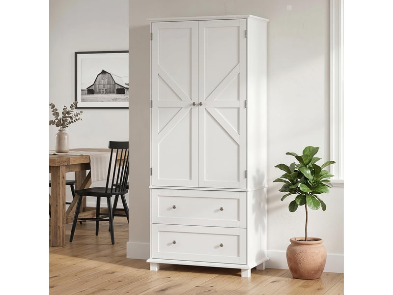 Buffet haut armoire de cuisine garde-manger 2 portes 2 tiroirs 6 racks étagères réglables 80x39,5x184,5cm blanc T1003-01-18954 - Conforama E