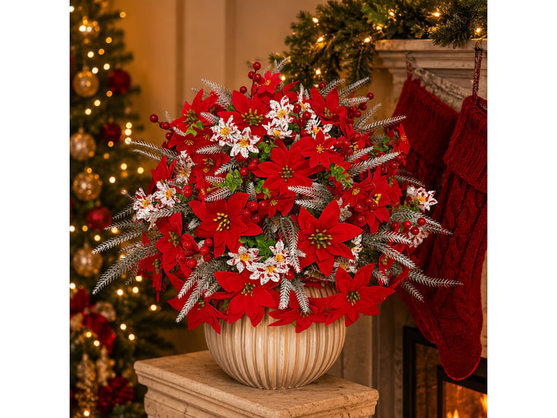 Fleurs de noël artificielles 23 pièces, poinsettias et petites roses rouges avec baies et branches de pin - Conforama E