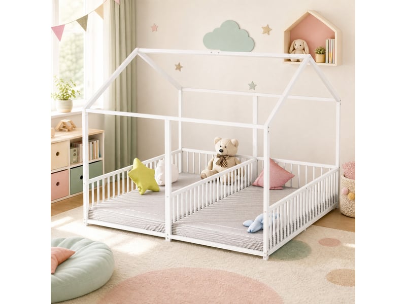  Lit superposé enfant 2 places en métal avec forme de maison, échelle et barrières, 90x200 cm, sans matelas, blanc  - Conforama C