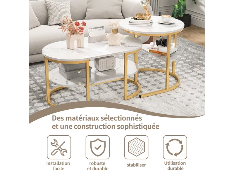 Lot de 2 tables basses gigognes , structure en métal , moderne table d'appoint rondes ,plateau aspect marbre, blanc et doré ,80 x 46 x 41 cm et ø52cm - Conforama R