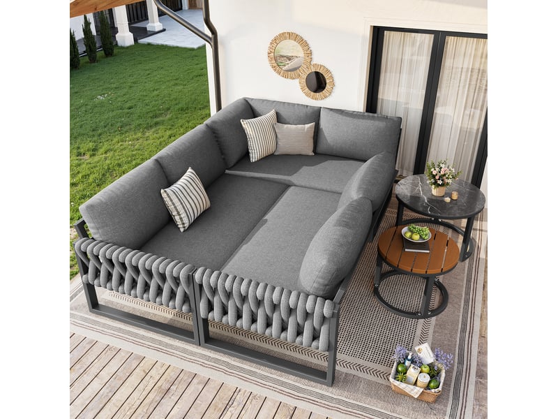 Salon de jardin modulable 5-6 places 110x66 cm – gris – coussins déhoussables, tables à pieds réglables - Conforama B