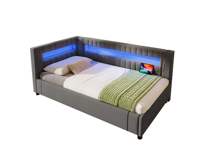  Lit de jour 90x200 gris en lin - canapé lit avec rangement hydraulique, led et ports usbtype-c  - Conforama A
