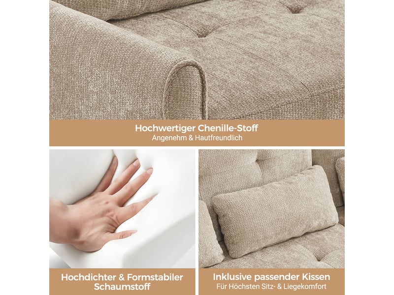  Canapé 3 places convertible 3 en 1 en tissu chenille, couchage extensible, dossier 3 positions 90°, 145°, 180°, fonction lit  - Conforama D