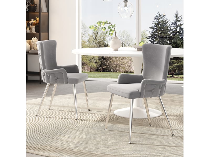  Lot de 4 chaises de salle à manger en velours gris et métal argenté  - Conforama D