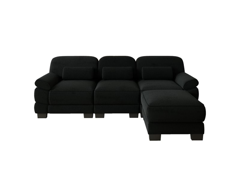 Canapé d'angle modulable 3 places en velours côtelé noir avec pouf assorti, assise profonde et coussins lombaires, pour salon - Conforama A