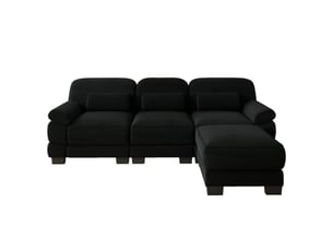 Canapé d'angle modulable 3 places en velours côtelé noir avec pouf assorti, assise profonde et coussins lombaires, pour salon