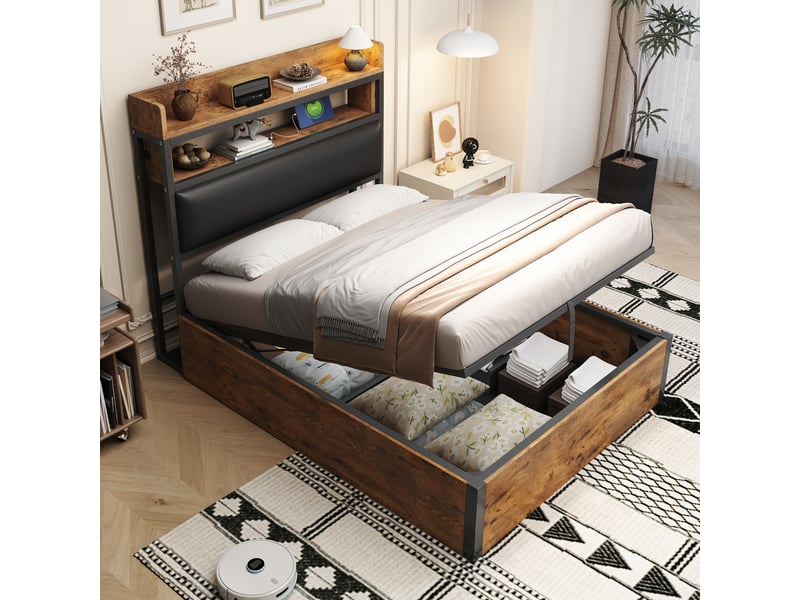  Lit coffre enfant 90x200 cm, rangement et étagère, port usb, motif de bois, sommier, tissu noir, sans matelas  - Conforama W