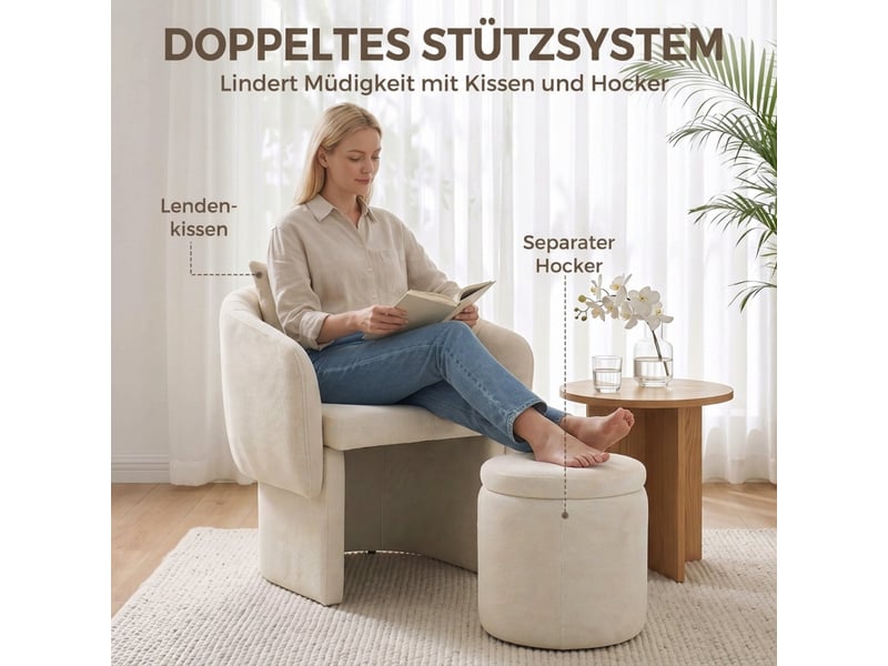  Fauteuil avec pouf et coussin lombaire, dossier enveloppant pour salon, revêtement en chenille de polyester beige  - Conforama E