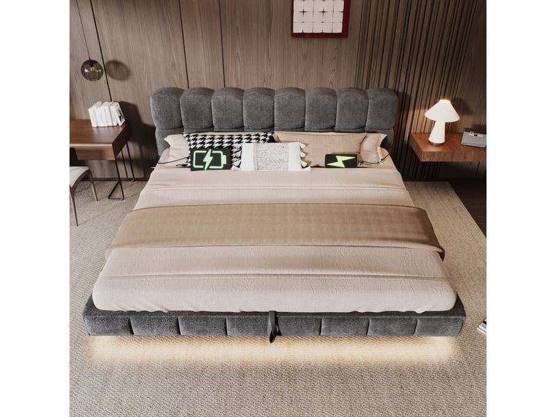 Lit double rembourré 160x200 cm effet suspendu, design nuage, rangement hydraulique, led, usbtype-c, chenille gris, sans matelas Fay Lum - Conforama D
