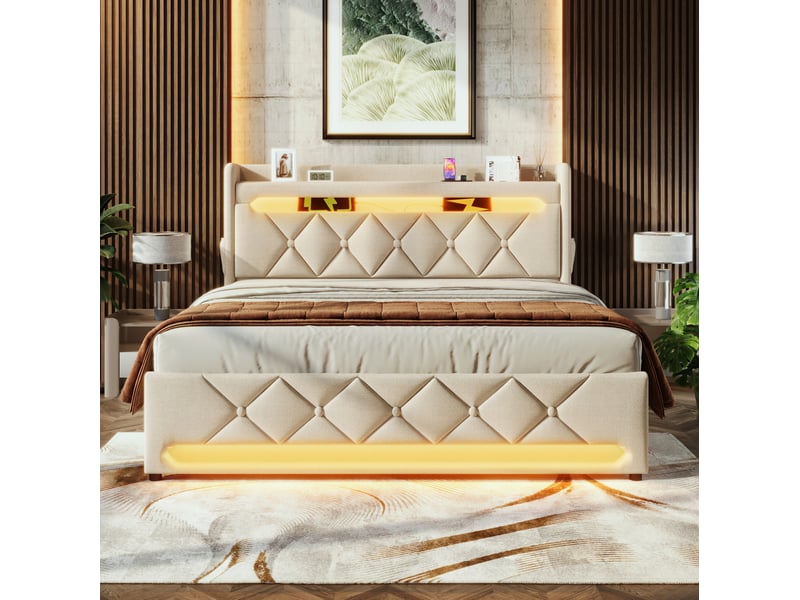  Lit double 160 x 200 cm beige en lin avec rangement hydraulique, led, ports usbusb-c et matelas  - Conforama C