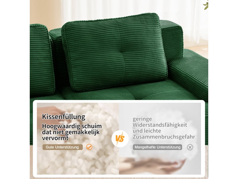  Méridienne modulable canapé d'angle en u 4 places tissu velours côtelé vert profond sans dossier bas  - Conforama R