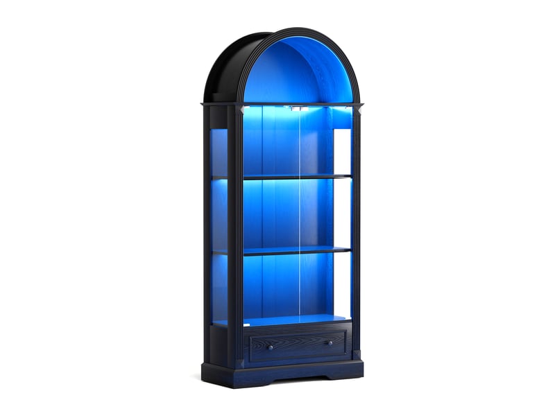  Vitrine de salon 180cm noir - vitrine en arche de style maison de campagne avec portes en verre, led et tiroirs  - Conforama A