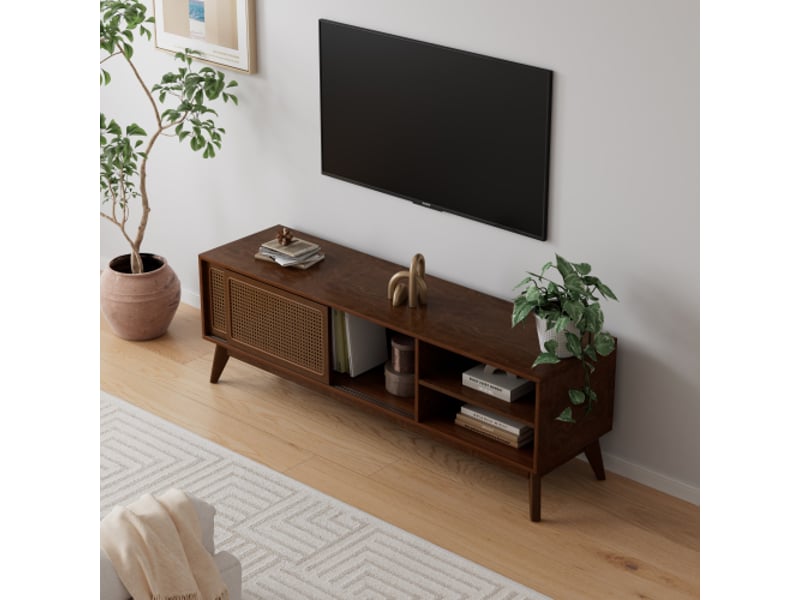  Console tv 59 po style mi-siècle rotin pour tv 65 po, pieds en bois massif, portes rotin, noix foncé  - Conforama D