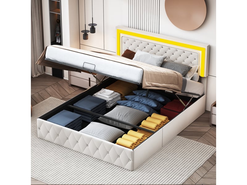  Lit coffre 160x200cm - lit double 160x200 capitonné en velours rangements avec éclairage led - beige  - Conforama D