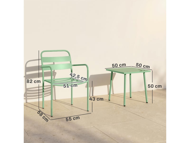  Ensemble bistrot de jardin 3 pièces - table basse en verre trempé et 2 chaises à lattes, cadre en acier galvanisé, vert  - Conforama E