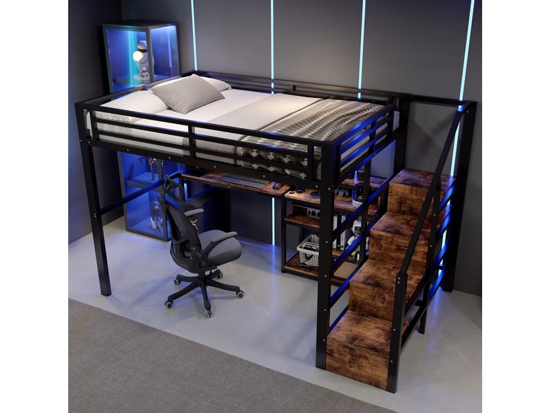  Lit mezzanine 140x200 cm, escalier rangement, bureau, usb-c, led, métal et mdf, noir et blanc, sans matelas  - Conforama E