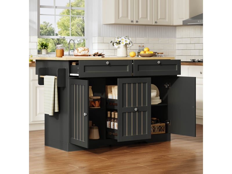  Îlot de cuisine mobile avec plateau pliant, desserte à roulettes verrouillables, tiroirs et rangement, noir, 120x70x92cm  - Conforama B